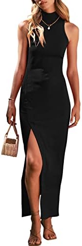 ANRABESS Women's Sleeveless Mock Neck Slit Sexy Bodycon Semi Formal Maxi Dress Beach Vacation Ribbed Knit Slim Fit Gradution Prom Dresses for Cocktail Party 841heise-XL Black