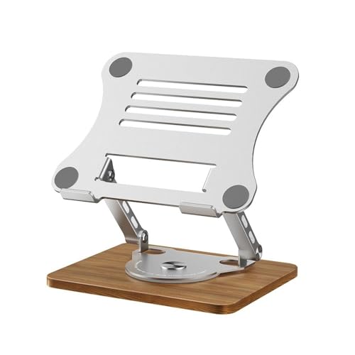 Image of FKU Wooden Laptop Stand | Mechanical Base 360 Rotating Adjustable Height Notebook Stand | Compatible Portable Desktop Bamboo Aluminum and Wooden Portable Laptop Stand with Lifting Base Holder