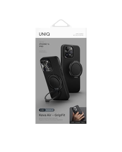 UNIQ KEVA Air Coque pour iPhone 16 Pro Noir carbone + anneau de support Grip