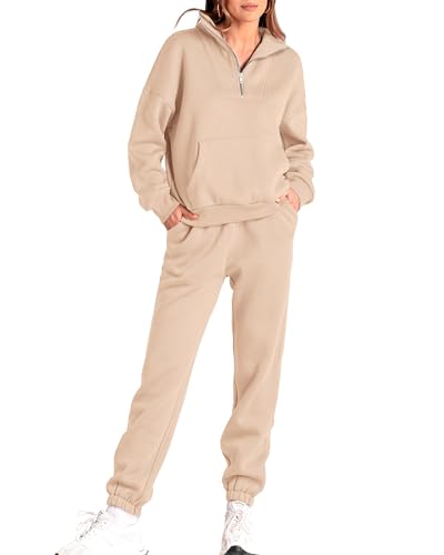 BTFBM Women 2 Piece Tracksuits Fall Winter 1/4 Zip Sweatshirt Jogger Pants Matching Lounge Sets Thick Sweatsuits Pockets
