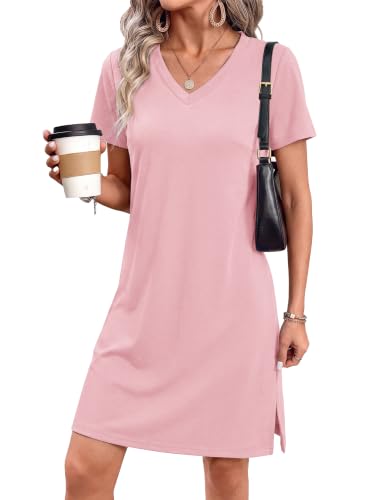 RUMIA Summer Casual Dresses for Women 2026 Mini Vacation Dress V-Neck Short Sleeve Split Hem Beach...