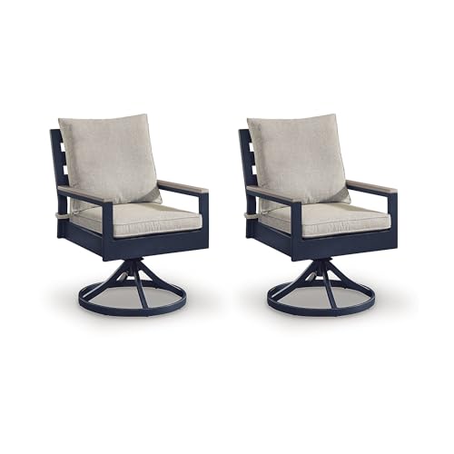 Signature Design by Ashley Mabry Shores Coastal Outdoor Weather Resistant Swivel Chair with Removable Cushion, Set of 2, Beige & Blue