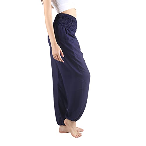 Boho Harem Yoga Pants Women Solid Blue Medium