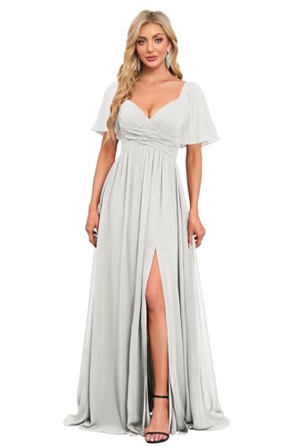 Image of Women's Flutter Sleeves Chiffon Bridesmaid Dresses with Slit Long A Line V-Neck Formal Party Dress with Pockets