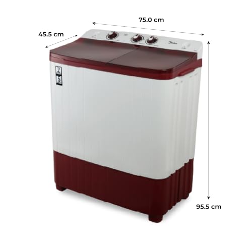 Image of Midea 6.5kg Semi Automatic Top Load Washing Machine, Dual Wave Pulsator, Heavy Duty Motor, 1350 RPM High-Speed Spin, Collar Scrubber, Top Load Washer (MWMSA065PDX (MW), Maroon-White)