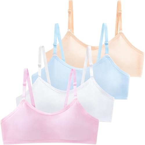 Domee Sujetadores Acolchado Top Algodón Ropa Interior Deportes Niña Paquete de 4 Blanca + Desnuda + Rosa + Azul 12-16 Años