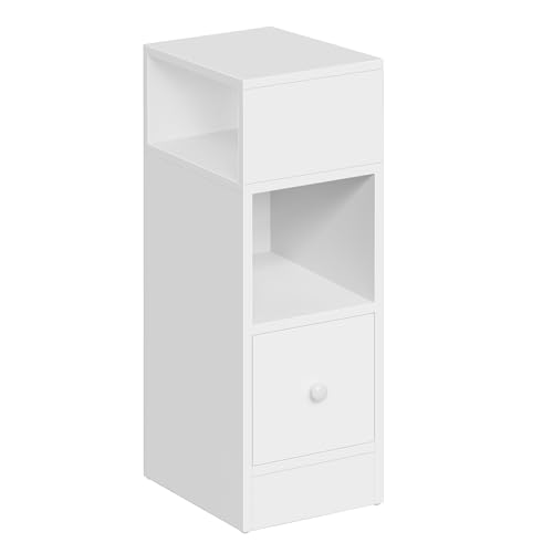 EUGAD Modern White Bedside Table, 25x30x66 cm, 1 Drawer, 2 Open Compartments, Nightstand