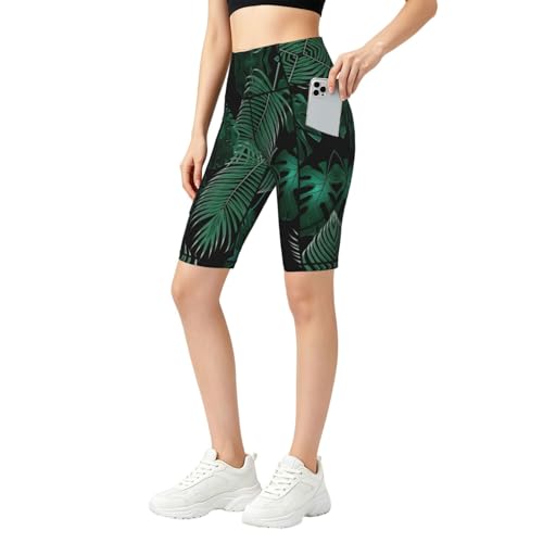 Short de sport taille haute femme avec poches cuissard de running imprimé exotique vert