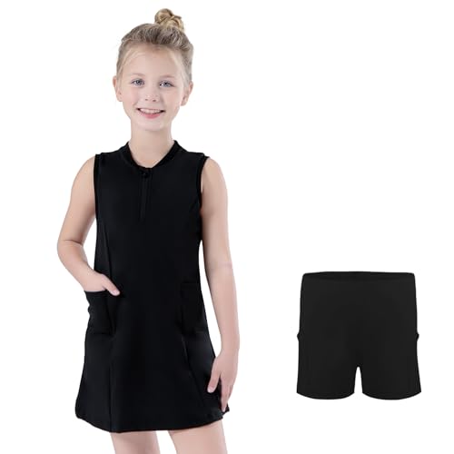 Bezioner Girls Tennis Dress with Shorts Pockets A-Line Golf Outfits Zipper Workout Athletic Dresses Sleeveless Active Dress