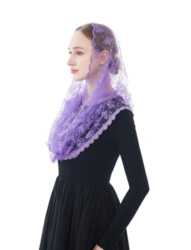 Wgior Embroidered Lace Chapel Veil Infinity Mantilla Veils Catholic Church veil Latin Mass Head Covering Scarf (Purple)