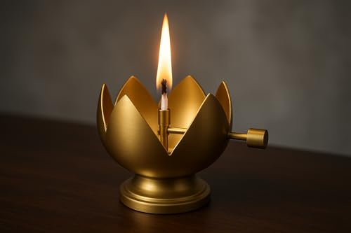 Image of Akhand Kamal Diya with Adjustable Bati Knob, Wick Lifting Screw Lever, Traditional Oil Lamp for Puja, Mandir & Home Decor 100 ml Stay Lit for 20 Hours