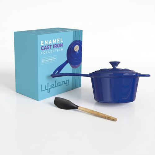 Image of Lifelong Enamel Cast Iron Saucepan with Lid (1.9L, 20cm) | Oven, Gas & Induction Compatible | Slow Cooking, Even Heat Distribution, Non-Toxic, Durable, Naturally Nonstick, No Stains or Scratch (Blue)