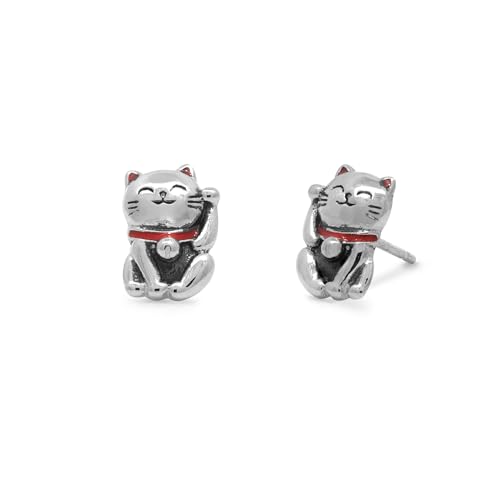Boma Jewelry Sterling Silver Maneki Japanese Good Luck Cat Stud Earrings with Hand Painted Enamel