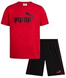 PUMA Boys Short Set - 2 Piece Short Sleeve Crewneck Performance Graphic Tees and Athletic Mesh Shorts for Boys (Sizes: 4-16), Size 8, Red/Black