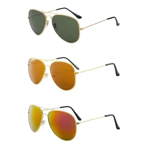 Yuwnd Pilotenbrille Damen, 3 Pilotenbrillen Set mit Goldrahmen, Roter, Brauner und Grüner Gläser, Fliegerbrille für Damen und Herren, Stilvolle Pilot Sonnenbrille für Outdoor, Reisen und Mode