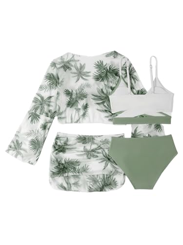 Image of Girl's 4 Piece Set Coconut Tree Print Criss Cross Bikini Sets with Mesh Cover Up Monokini Green 150