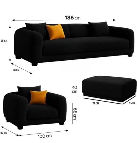 Image of Luxury Velvet Contemporary Sectional Sofa Set with Chaise Lounge & Cushions - Perfect for Living Room, Guest Room & Office (2, Black)