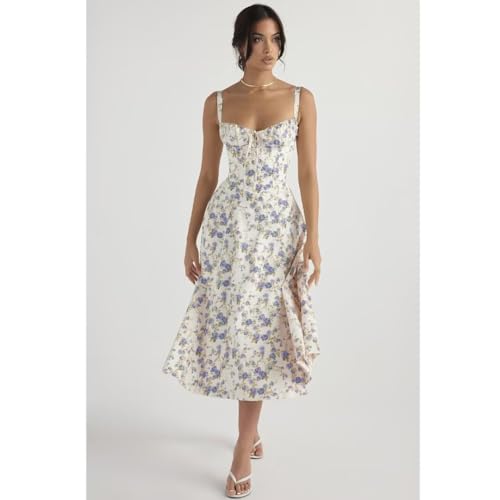 Image of Floral Corset Midi Dress Square Neck A Line Dress with Slit | Square neck floral midi dress with front tie bust wide straps A-line skirt side slit and lightweight fabric