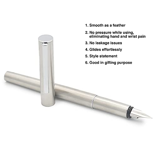 Image of BUZZ COOL Stainless Steel Fountain Pen With Converter Pump | Slim Metal Body Fountain Pen with Fine Nib(0.5mm) | Zero Ink Leakage Smooth Writing pen