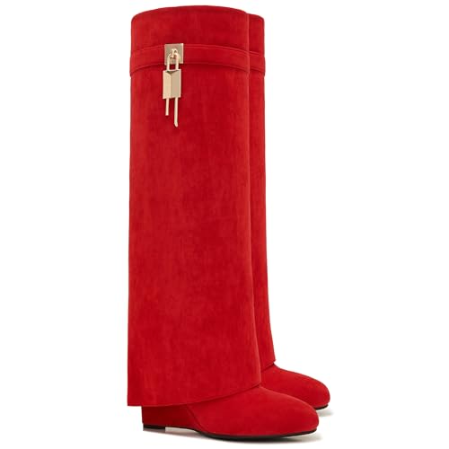 Image of Fold Over Boots for Women Pointy Pull-on Wedge Heel Knee Shark Boot With Side Zipper Padlock Design
