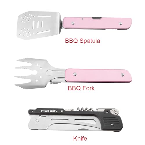 Image of ROXON S601 14 inch 6 in 1 MBT3 Folding Grill Utensils Set Fork Spatula Grilling Knife Tongs Opener for Backyard Barbecue and Camping (Pink)