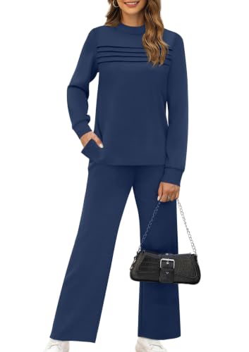 Image of WIHOLL Two Piece Sets for Women Fall Travel Vacation Outfits 2026 Long Sleeve Lounge Sets Side Slit Wide Leg Pants XS-3XL