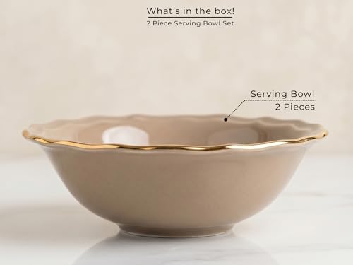 Image of Bodhi House 2-Piece Gold Rim Porcelain Serving Bowl Set | Lightweight, Chip Resistan | Dishwasher Safe | Elegant Tableware for Home Dining, Parties | Thunder Grey