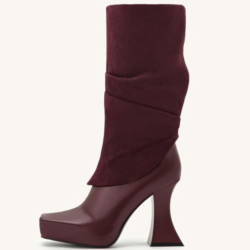 Women's Platform Mid Calf Boots High Chunky Heel Square Toe Fold Over Boots with Side Zipper Dress Shoes2