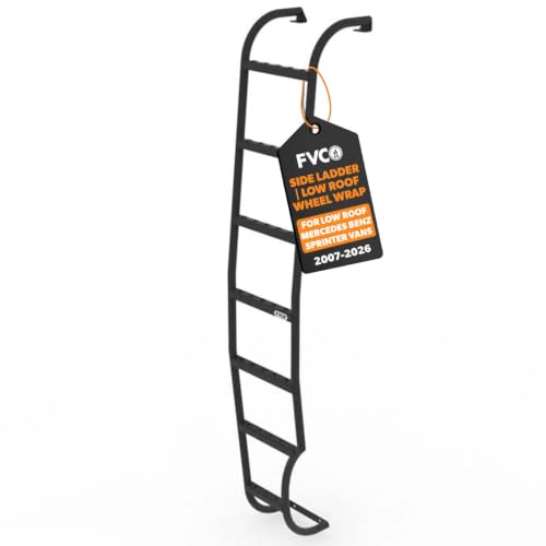Image of FVC Wheel Wrap Side Ladder for 2007-2026 Low Roof Mercedes Benz Sprinter | Mounts to the Factory Roof Rails, Retains T-Vent or Pop-Out Windows on Driver Side, Seven Gripped Steps