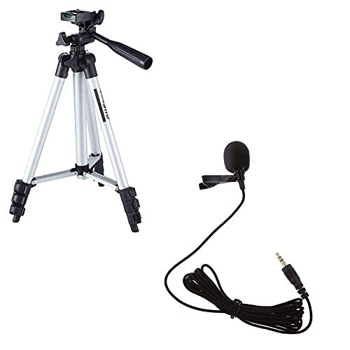 Rambot 3110 Tripod Stand for Phone and Camera Adjustable Aluminium Alloy Tripod Stand Holder with Metal mic 3.5mm /Clip Microphone for YouTube,Collar Mike,Voice Recording