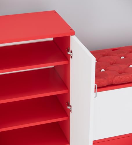 Image of SPECIALITY PANELS Shoe Rack with Cushioned Seating Bench | 2 Door Shoe Cabinet with Storage | Shoe Organizer for Entryway Home Living Room | Combo Set of 2 | DIY Assembly | Red and White