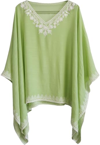 Miaikvs Women's Pullover Shawl with Embroidered Collar Poncho Blouse Top Cover Up for Spring and Summer(Cyan) - Image 4