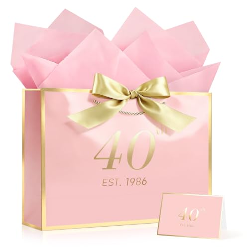 Image of JMANNI Birthday Gift Bag with Card and Tissue Paper for Men Women Him, Elegant Pink Gold Anniversary Keepsake Party Present Shopping Paper Bags for Gifts Wrapping Pink / 13 inch Large /EST.1986 40th