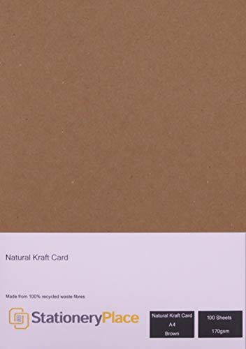 Stationery Place, Thin - Brown Natural Kraft Card A4 170 GSM 100 Sheet Pack