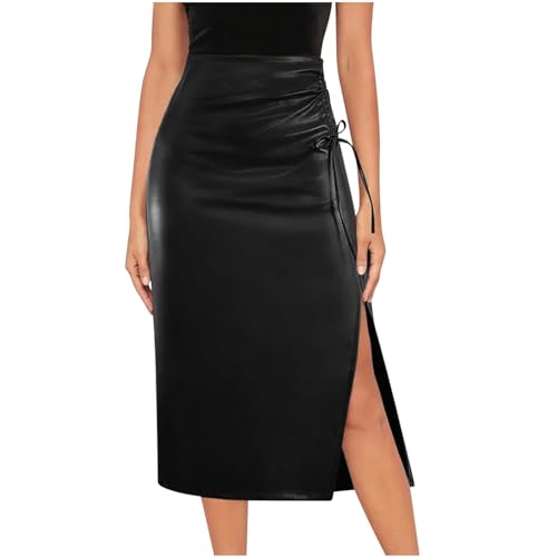 Women's High Waist Faux Leather Pencil Skirts Casual Asymmetrical Side Slit Work Going Out Bodycon Midi Skirt