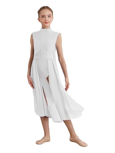 Miaeowve Lyrisches Tanzkleid Mädchen Blumenspitze Ballettkleid Ärmellos Eislaufkleid Rückenfrei Trainingskleid Contemporary Dance Outfit Weiß...