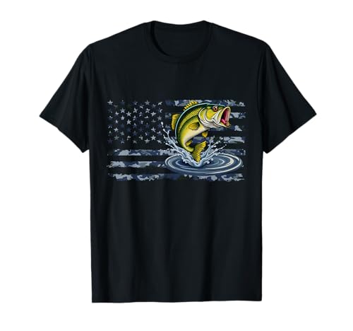 Bandera americana de EE. UU. Camo Bass Fish Fishing Camouflage Fisherman Camiseta