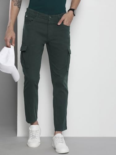 Image of The Indian Garage Co Men Slim Fit Solid Mid-Rise Stretchable Cargos