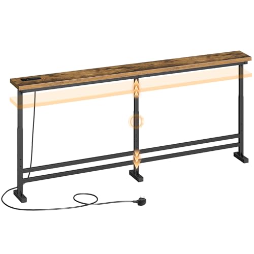 YATINEY 15 cm Slim Console Table Height-Adjustable Behind Sofa Table 180 cm Hallway Table Narrow Long Sofa Table with Power Outlet for Living Room Hallway Entryway Rustic Brown XCT08KBR