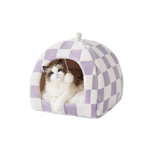 simerlook 猫 ベッド 猫ハウス ペット ドーム ハウス一体化 折りたたみ可能 ク 暖かい ふわふわ 滑り止め かわいい 洗濯機対応 犬猫兼用 小動物用 隠れ家 半密閉式 大空間 遊び場 防寒 防風防湿 通年 室内用 お手入れ便利 (パープル,44
