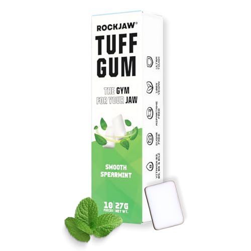 ROCKJAW Hard Jawline Gum - Tuff Gum 2.0 with B Vitamins (Stim-Free) - 10 Pack - 100% Xylitol Aspartame-Free Sugar-Free (Smooth Spearmint)