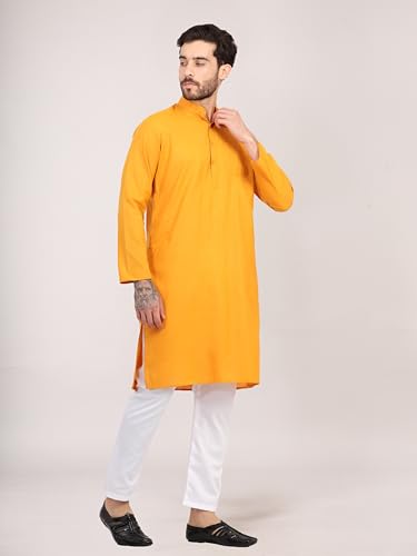 Image of HUZUR Men's Cotton Full Sleeve Long Knee Length Kurta Pajama Comfortable Wear for Festival and Occasion like Holi,Diwali,Eid,Haldi,Mehendi and Wedding