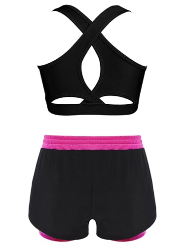 Kids Girls 2-piece Sports Set Cross Back Sleeveless Crop Tank Top With Double Layer Shorts For Athletic Hot Pink 12 Years2