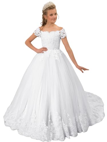 Girl's Off Shoulder Flower Girl Dress Lace Applique Tulle Pageant Dress White Princess Kids Wedding Party Ball Gown US14