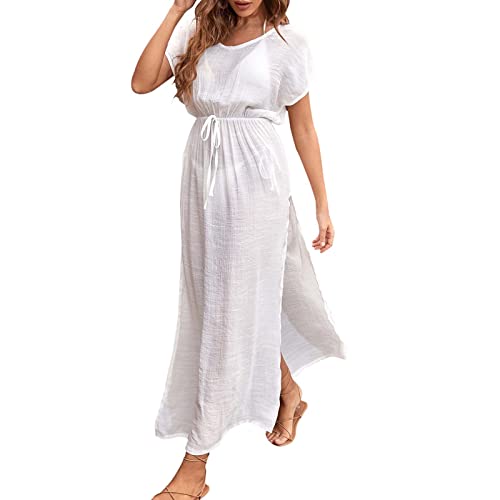 Mono corto de verano para mujer, sexy, para vacaciones, playa, informal, color sólido, falda larga, camisa de protección solar, vestido informal, disfraz de leopardo, vestido para mujer, Blanco, A