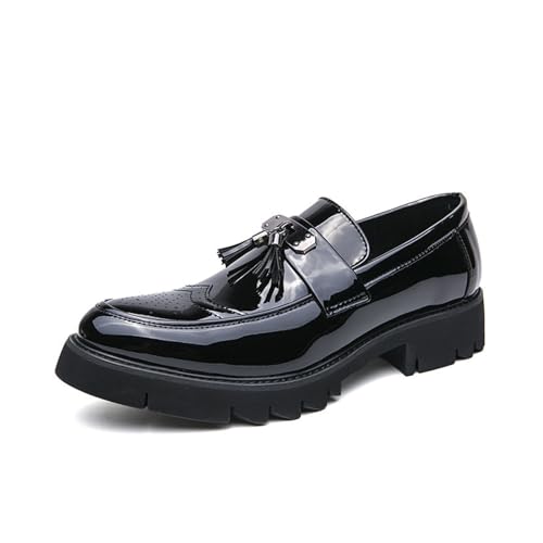 Men's Patent Leather Brogue Slip-On Platform Loafer Shoes with Tassel Fashion Round Toe Low Top Lug Sole Non-Slip Business Dress Shoes