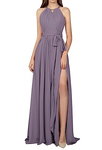 Abito da damigella d'onore per le donne Halter A-line pieghettato senza maniche abito da festa formale con tasche, Glicine, 62 Più Abito da damigella d'onore per le donne Halter A-line pieghettato senza maniche abito da festa formale con tasche, Glicine, 62 Più