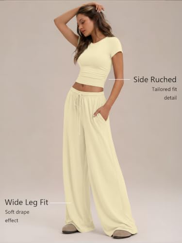 Image of Trendy Queen 2 Piece Matching Summer Lounge Set Womens Side Ruching Top Wide Leg Pants Sets with Pockets