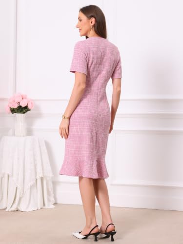Image of Hobemty Women's Tweed Dress Short Sleeve 2025 Elegant Wedding Cocktail Bodycon Midi Fishtail Dresses
