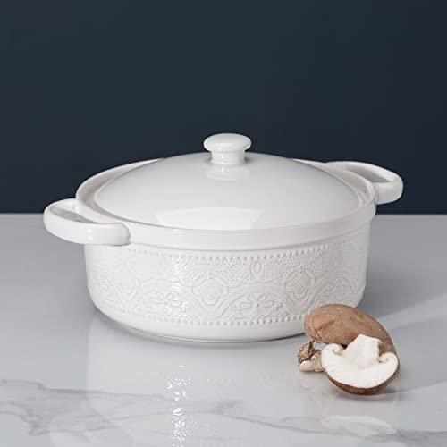 Fun Elements Casserole Dish, 2 Quart Lace Emboss Casserole Dish With Lid, Oven To Table Ceramic Round Serving Dish With Handles For Dinner And Party(Bright White) #TOP1